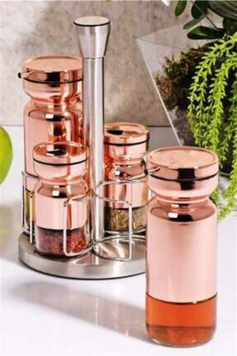 kosava Döner Standlı Yağlık Sirkelik Ve Tuzluk Seti 5 Parça-rose Gold