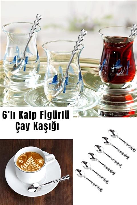 MaoMao 6'lı Kalp Figürlü Çay Kaşığı Paslanmaz Çelik Kaşık Seti