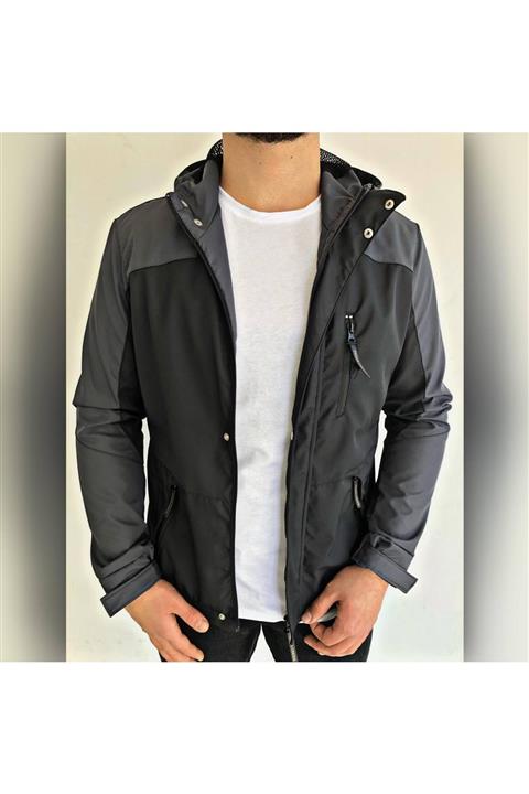 THE SULE Kapüşonlu Siyah Ve Gri Parçalı Yağmurluk