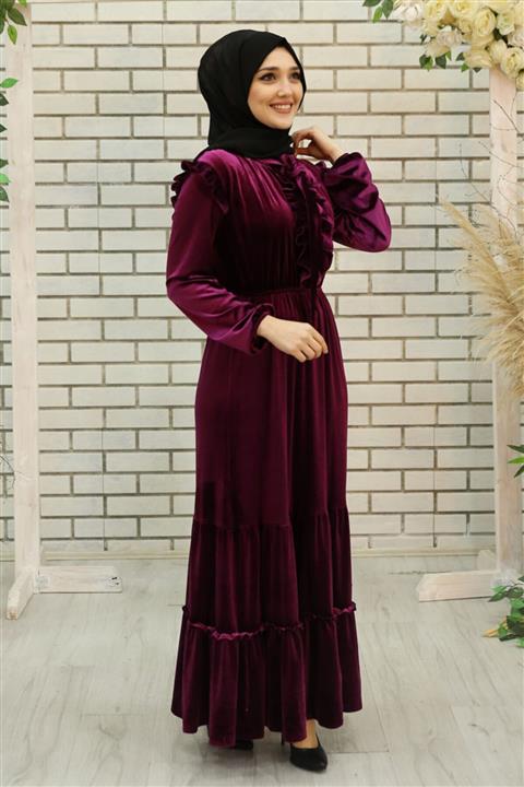 Feiza Collection Fırfırlı Kadife Tesettür Elbise - Mor