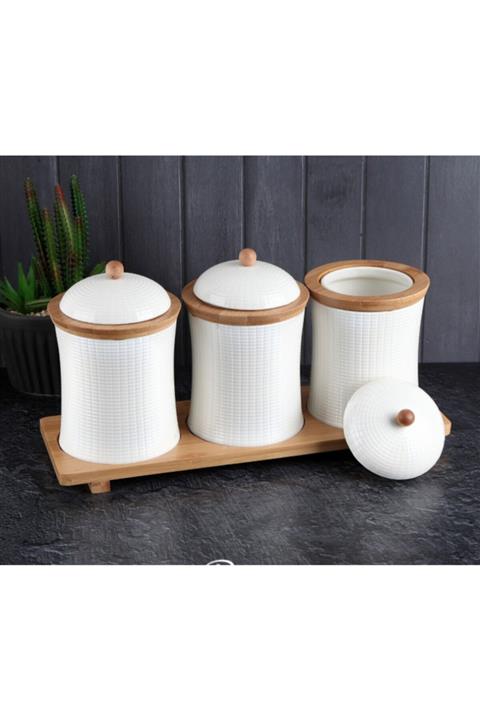 Ensezon Lüx Beyaz Porselen Bambu Standlı Baharatlık Takımı
