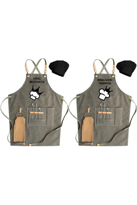 medusaforma Karı - Koca Ve Çiftlere Özel Nakışlı Mutfak Önlüğü Master Şef Aşçı Kıyafeti Ikili Önlük Kepli Takım
