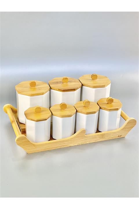 ACAR Bambu Porselen 7 Li Standlı Vakum Kapak Baharat Seti