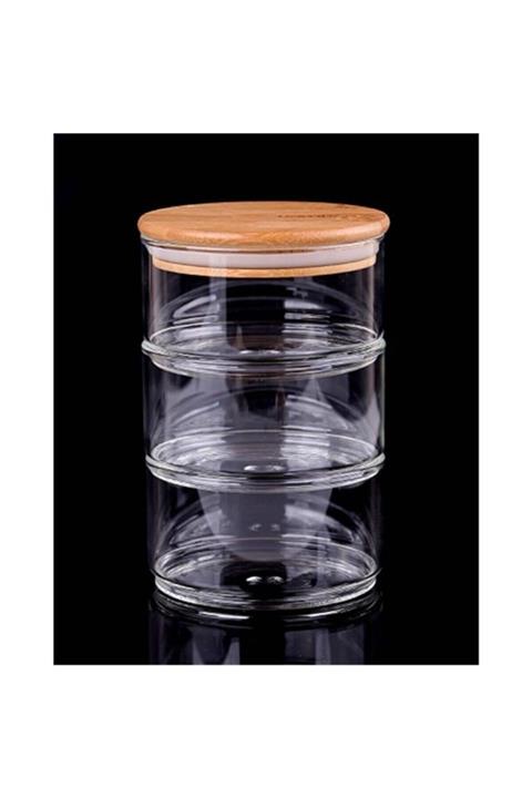 Lavin Bambu Kapaklı 3 Kat Cam Saklama Kabı 3 Katlı Saklama