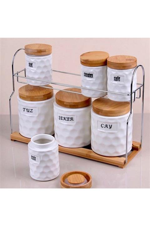 Laviss Bambu Kapaklı 7'li Porselen Baharat Takımı
