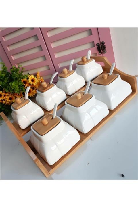 MOELLER Bambu Kapaklı Bambu Stantlı Porselen Yedili Baharatlık