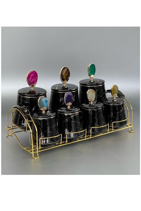 AROW Lüx Porselen 7 Li Standlı Doğaltaş Kulplu Baharat Takımı Siyah