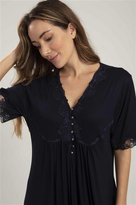 Lohussa Kadın Lacivert Büyük Beden Battal Desenli Kısa Kol Hamile Lohusa Pijama Takımı