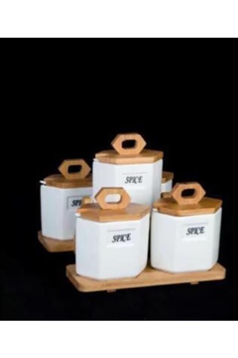 ACAR Bambu Standlı 5 Parça Porselen Baharatlık