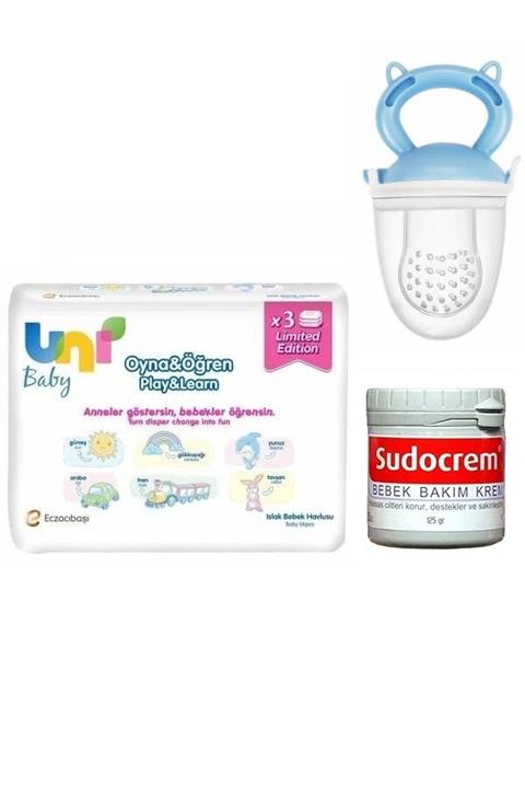 Uni Baby Unı Baby Oyna Öğren Mendil Seti 3 Lü+sudocrem Bakım Kremi 125 Gr+meyve Süzgeci Mavi