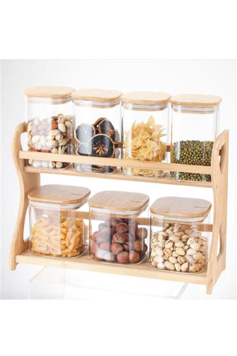 EVİMTATLIEVİM Bambu Standlı 7'li Borosilikat Cam Baharatlık Takımı