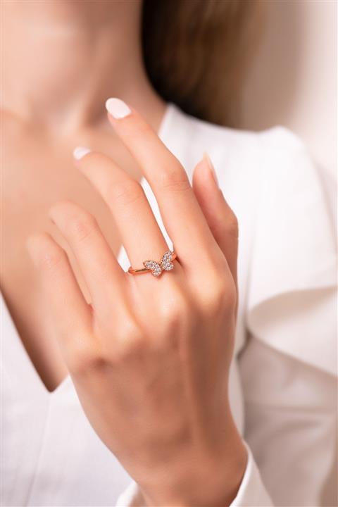Eva Jewelry Kelebek Model Ayarlanabilir 14 K Rose Altın Kaplama Kadın Yüzük