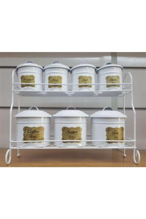 FERONYA 7 Parça Metal Standlı Metal Beyaz Renk Baharat Seti Baharat Takımı