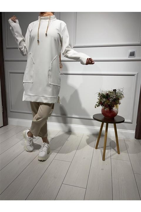 Ajva Kadın Krem Taş Cep Detaylı Tunik  Takım