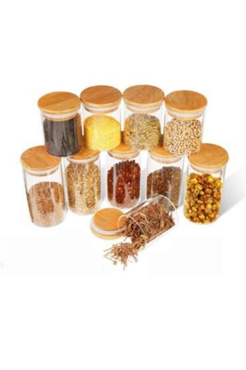 Housess 10 Adet Bambu Vakum Kapaklı 2 Boy Borasilikat Kavanoz Seti