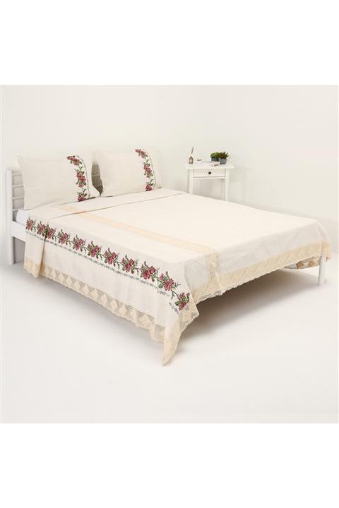 TUNCAY TEKSTİL Kanaviçeli Dantelli Pamuklu Yatak Örtüsü Takımı