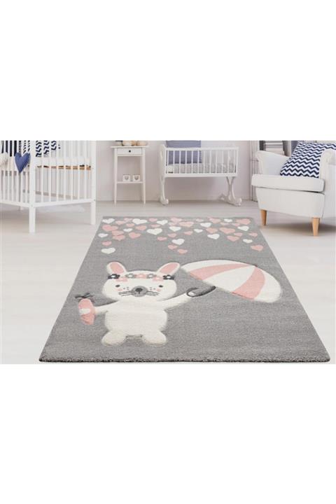 DEMTER CARPET Kıds Tavşan Desenli Gri Oymalı Çocuk Halısı 64a