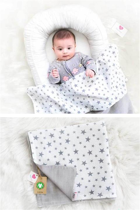 Babynest Müslin Örtü Çift Katlı Gri Yıldız Desen Ve Gri Beyaz