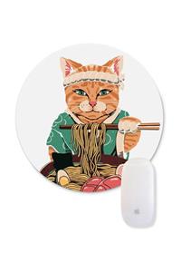 Bi Tıkla Gelsin Makarna Yiyen Çinli Kedi Illüstrasyon Baskılı Yuvarlak Mouse Pad - Anı066y