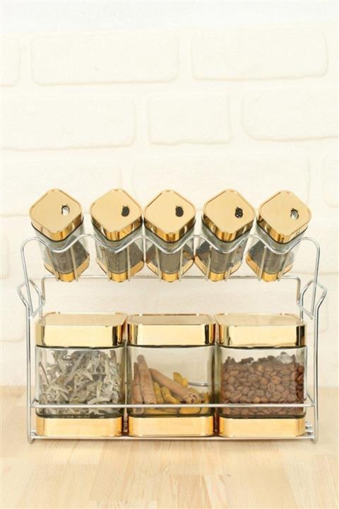 Arow  Dubai Arow 9 Parça Standlı Cam Baharat Seti Gold