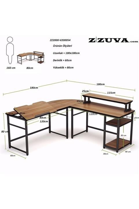 Zizuva Ceviz L Köşe Şekilli Ev Ofis Oyuncu Yayıncı Mimar Çizimci Monitör Raflı Metal Çalışma Masası