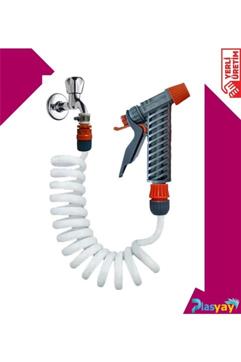 PLASYAY Spiral Bahçe Sulama Araç Balkon Veranda Yıkama Hortum Seti 2.5 Metre Beyaz