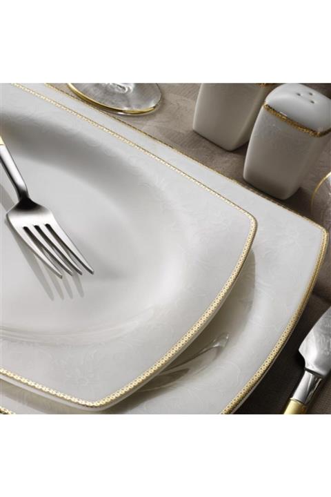 Kütahya Porselen 1074121 Bone Mare 12 Kişililk 62 Parça Kare Altın Yemek Takımı