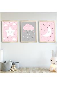 SUNNYFUNNYKIDS Kız Çocuk Tablo Yıldız Ay Bulut Pembe 3'lü Naturel Renk Doğal Ahşap Çerçeveli Set 30x40 Cm