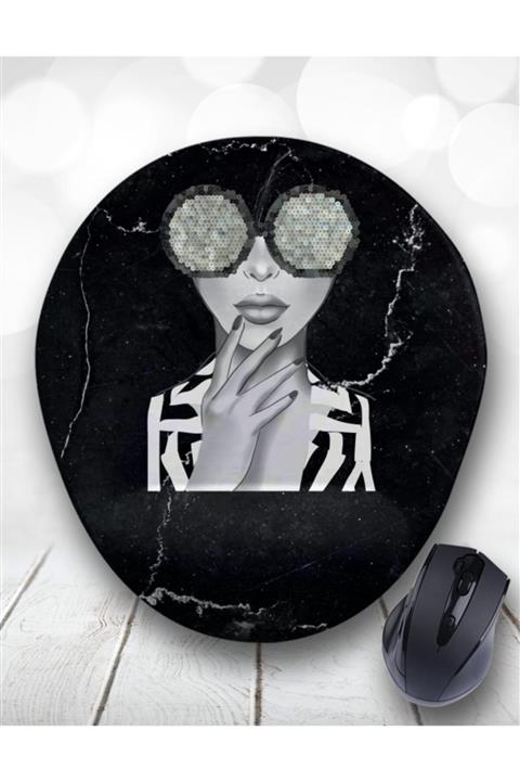 Atölye Çizgi Black White Girl Marble Bilek Destekli Mouse Pad