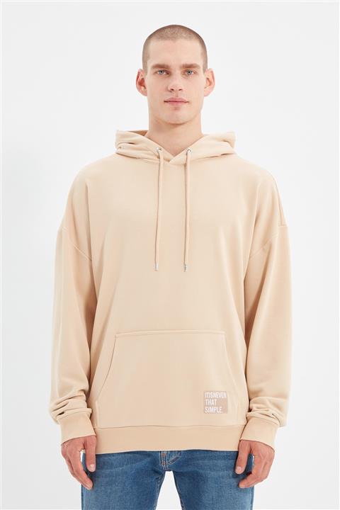 TRENDYOL MAN Bej Erkek Kapüşonlu Oversize Slogan Etiketli Sweatshirt TMNAW21SW2005
