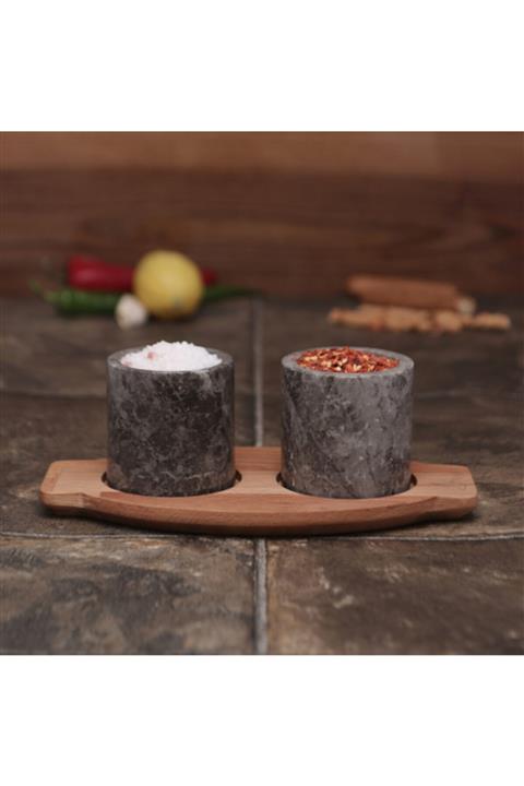 melik's Milas Ahşap Stantlı Mermer Baharatlık Sosluk 2li Mermer Baharat Takımı Siyah