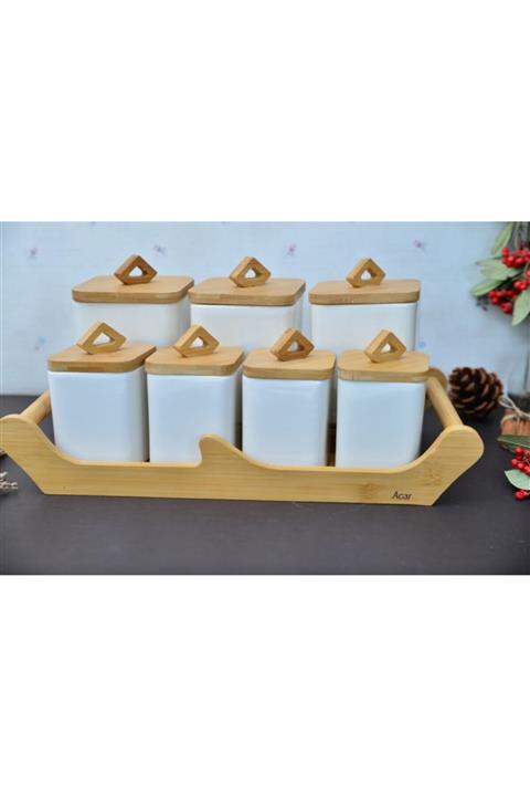 ACAR Bambu Tepsi Stantlı 7 Li Porselen Asimetrik Baharatlık