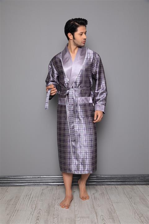 Nuşa Gri Uzun Şal Yaka Kareli Saten Erkek Sabahlık