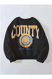 AFROGİYİM Kadın Siyah Oversize County Baskılı Sweatshirt