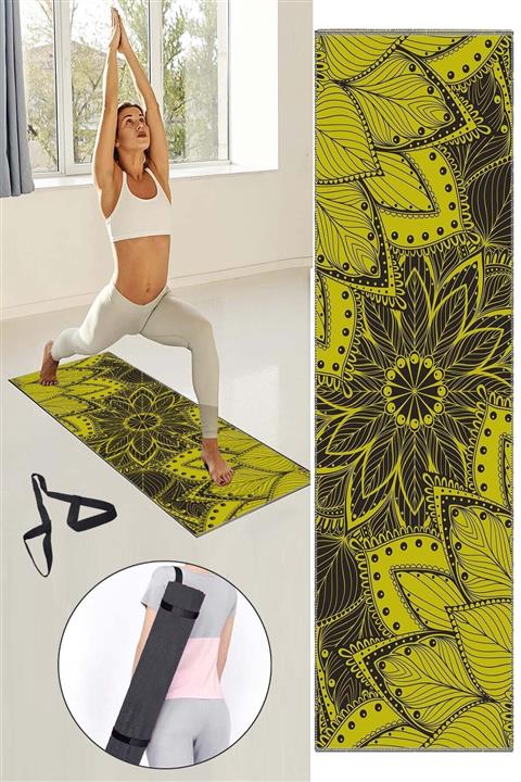 Osso Halı Sarı Siyah Çiçekli Desenli Yıkanabilir Kaymaz Fitness Spor Pilates Yoga Halısı Matı