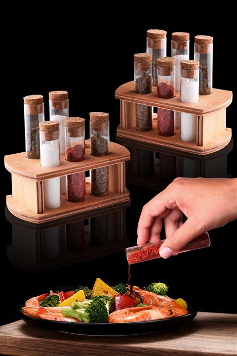 Kitchen Life 12'li Ahşap Standlı Mantar Kapaklı Lüx Mini Tüp Baharatlık
