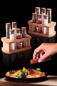 Kitchen Life 12'li Ahşap Standlı Mantar Kapaklı Lüx Mini Tüp Baharatlık