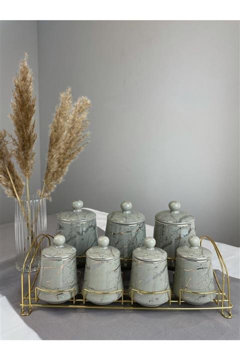 ACAR 7 Parça Standlı Mermer Desen Porselen Baharat Seti - Gri Renk