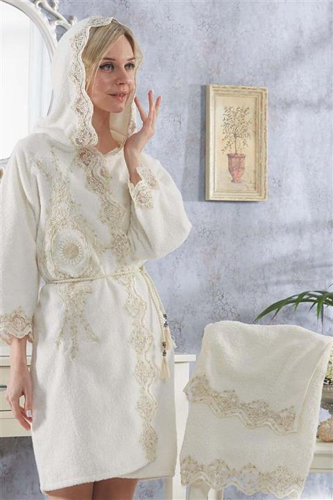 Bonny Home Donella Krem Bayan Fransız Dantelli Çeyizlik Gelin Hamamı Balayı Kadın Bornozu Seti