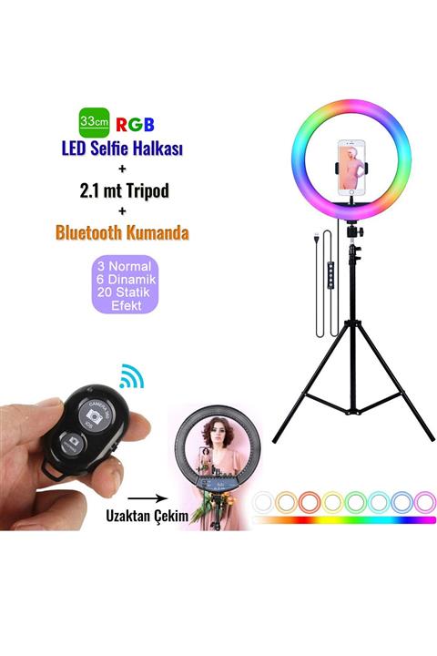 Microcase 33 Cm Youtube Instagram Tiktok Selfie Rgb Led Halka Işık + 2.1 Mt Tripod + Bluetooth Kumanda Al2645