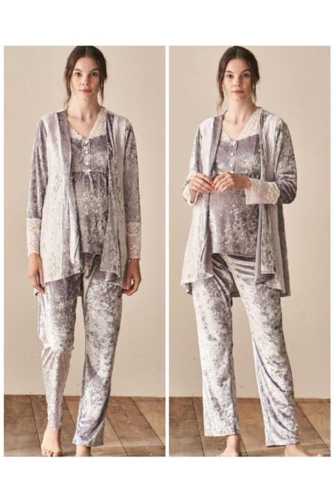 Feyza 3915 Gri Kadife Hamile Lohusa 3 Lü Pijama Sabahlık