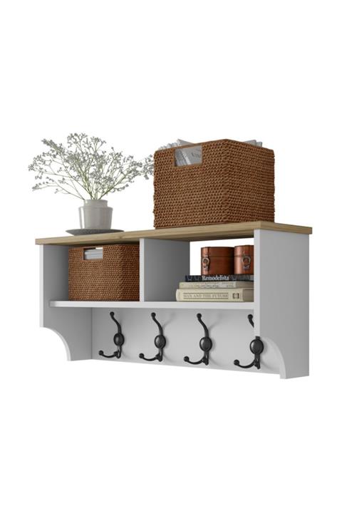 Rani Mobilya Rani P2 Modern Portmanto Duvar Askısı Beyaz Ceviz Vestiyer 90 Cm