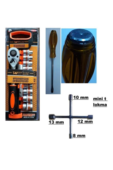 Tab Izcihirdavat 12 Parça Cırcırlı Tools Lokma Takımı 1/2 + Mini 4 Lü Kol + Düz Darbeli Tornavida