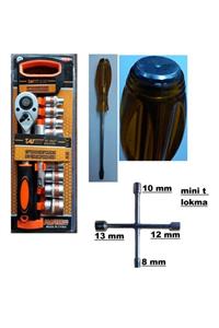 Tab Izcihirdavat 12 Parça Cırcırlı Tools Lokma Takımı 1/2 + Mini 4 Lü Kol + Düz Darbeli Tornavida