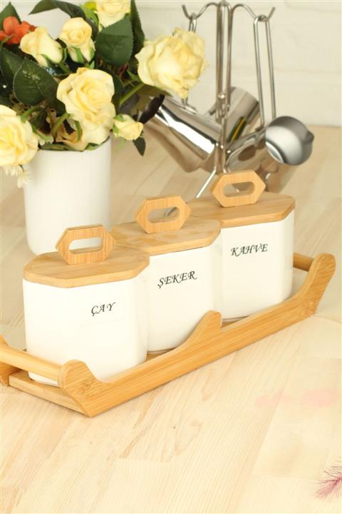 incili home Leon 3lü Bambu Tepsili Porselen Baharat Takımı