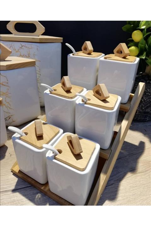 ACAR HOME Bambu Standlı Porselen 6 Lı Baharat Takımı