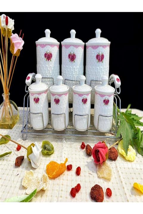 GÖNÜL Porselen 7 Adet Çiçek Motifli Metal Standlı Porselen Saklama Kabı Baharat Takım Seti Beyaz