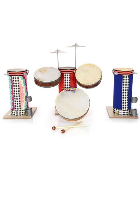 Miajima Ahşap Gerçek Deri Oyuncak Davul Bateri Seti