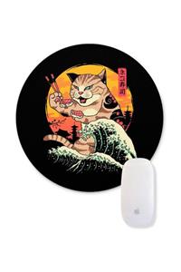 Bi Tıkla Gelsin Sushi Yiyen Çinli Kedi Illüstrasyon Baskılı Yuvarlak Mouse Pad - Anı038y