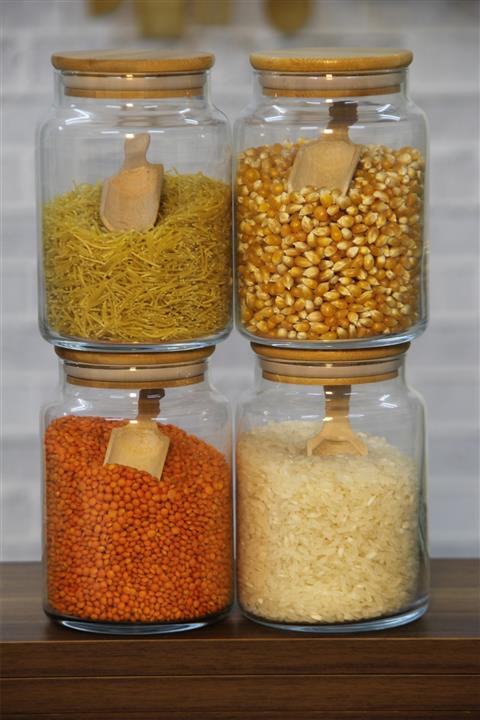 İLİVA 4'lü 800 Ml Bambu Kapaklı Ahşap Kaşıklı Cam Saklama Kabı Vakumlu Baharat Takımı